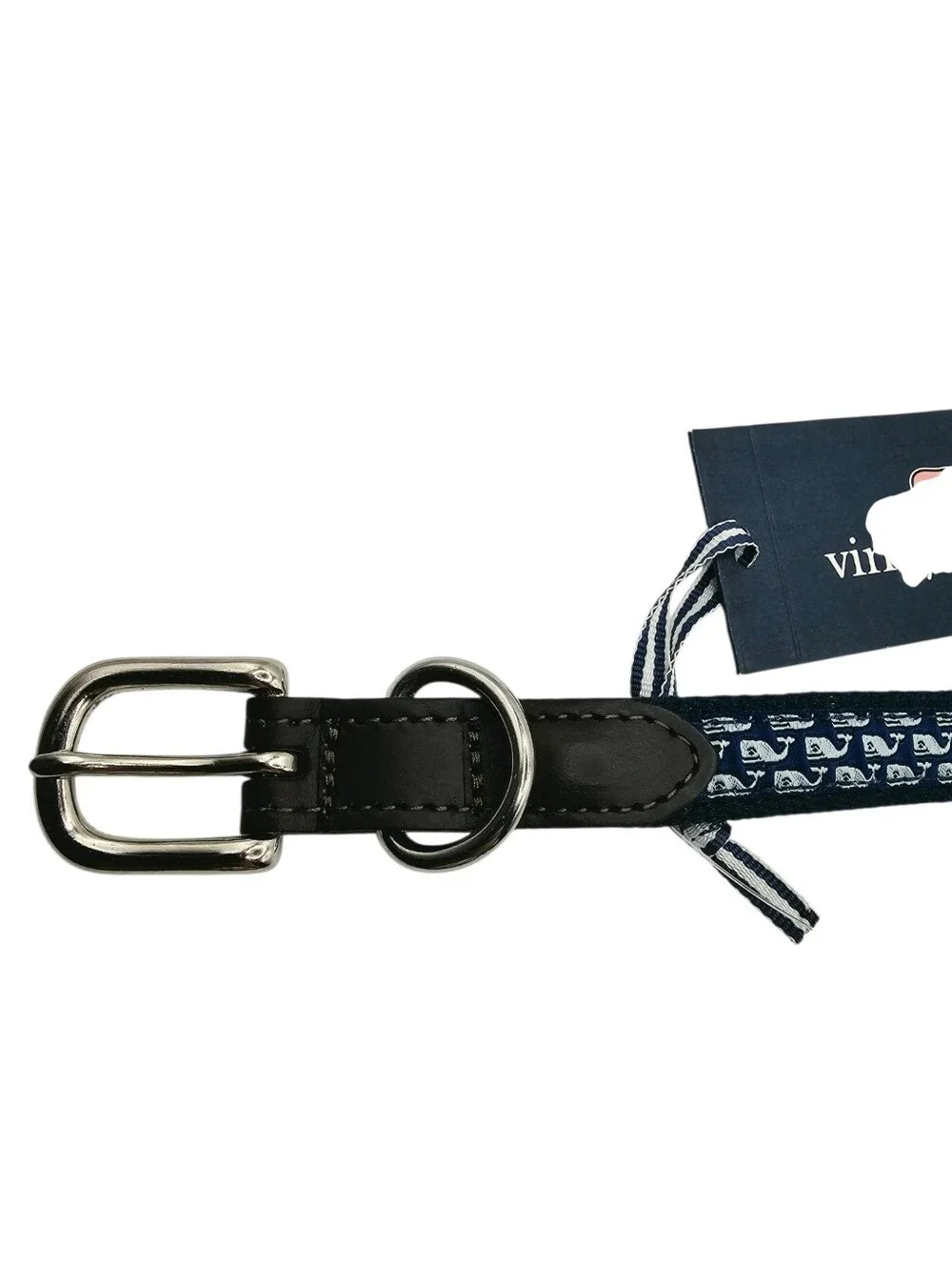 Vineyard Vines Leather Canvas Dog Collar Whale Print Blue NWT